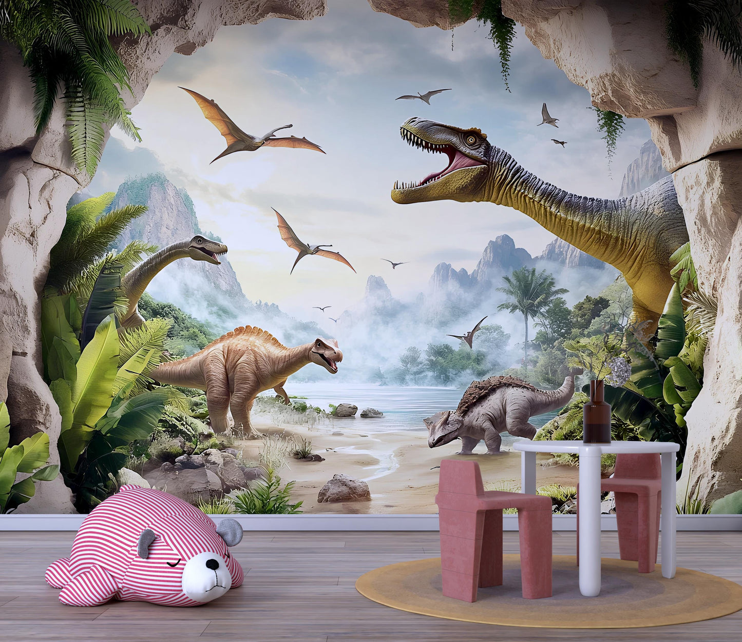 Dinosaur Nursery Wall Mural - Prehistoric Jungle Wallpaper for Baby Room, Boys Room Decor - Dino Theme Nursery Art Backdrop Vn403