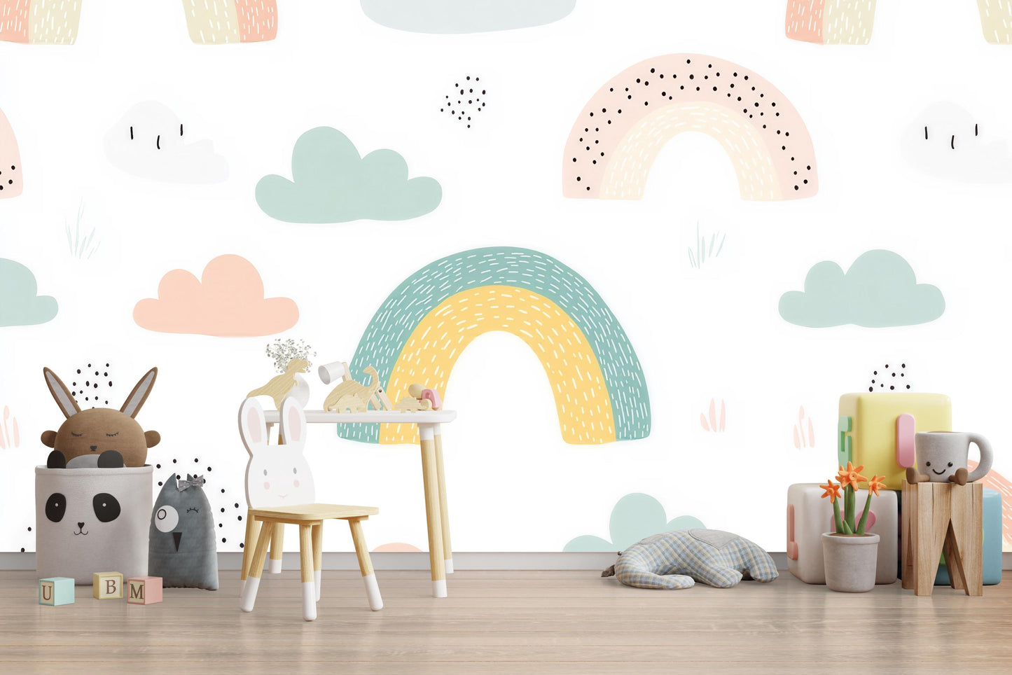Pastel Rainbow Wall Mural – Kids Room Wallpaper with Cute Clouds for Nursery Decor Vn982