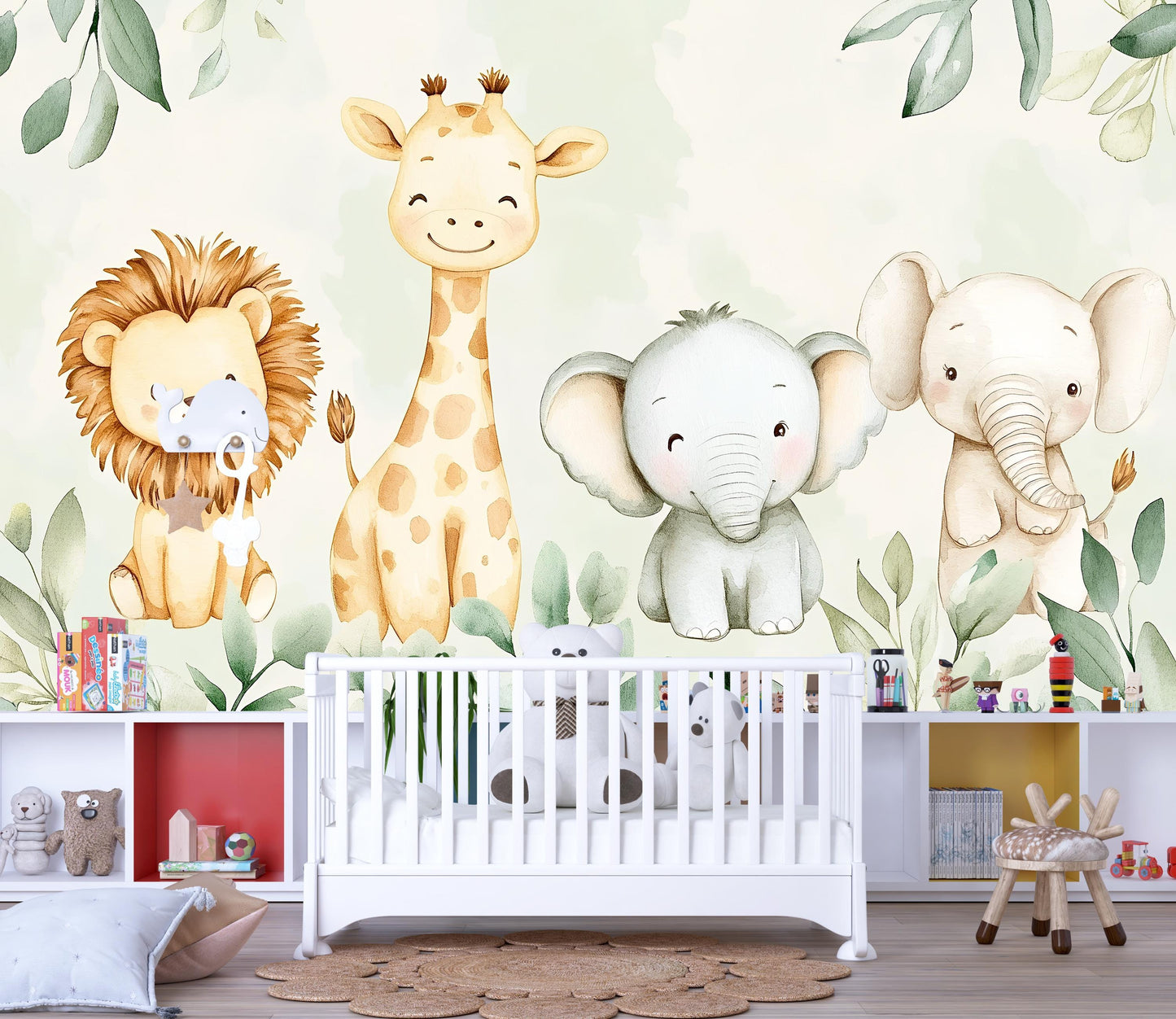 Safari Jungle Wall Mural – Cute Lion Giraffe Elephant Nursery Wallpaper Vn990