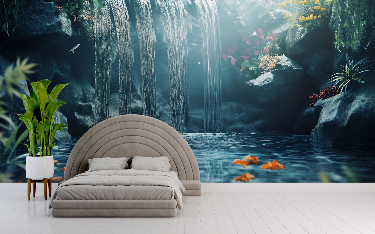 Waterfall Wall Mural | Nature-Inspired Bedroom Decor | Tranquil Waterfall Wallpaper | Serene Forest Scene for Zen Retreat Room Vn570