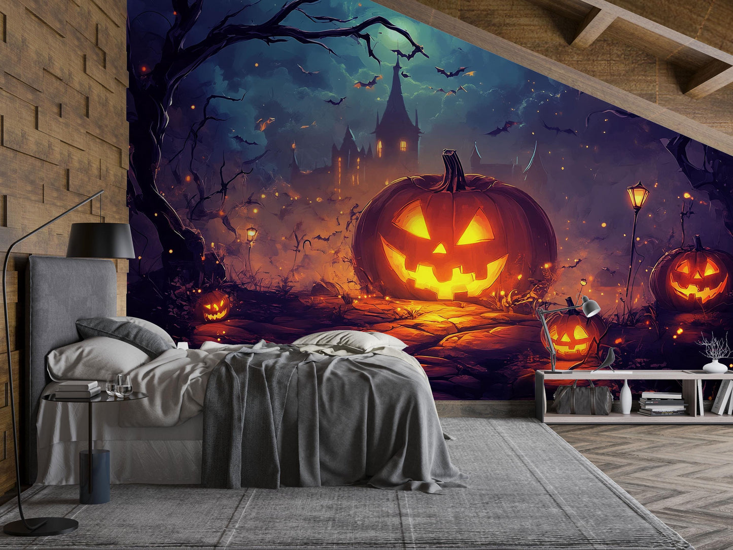 Halloween Pumpkin Wall Mural – Spooky Jack O’Lantern Night Scene Vn811