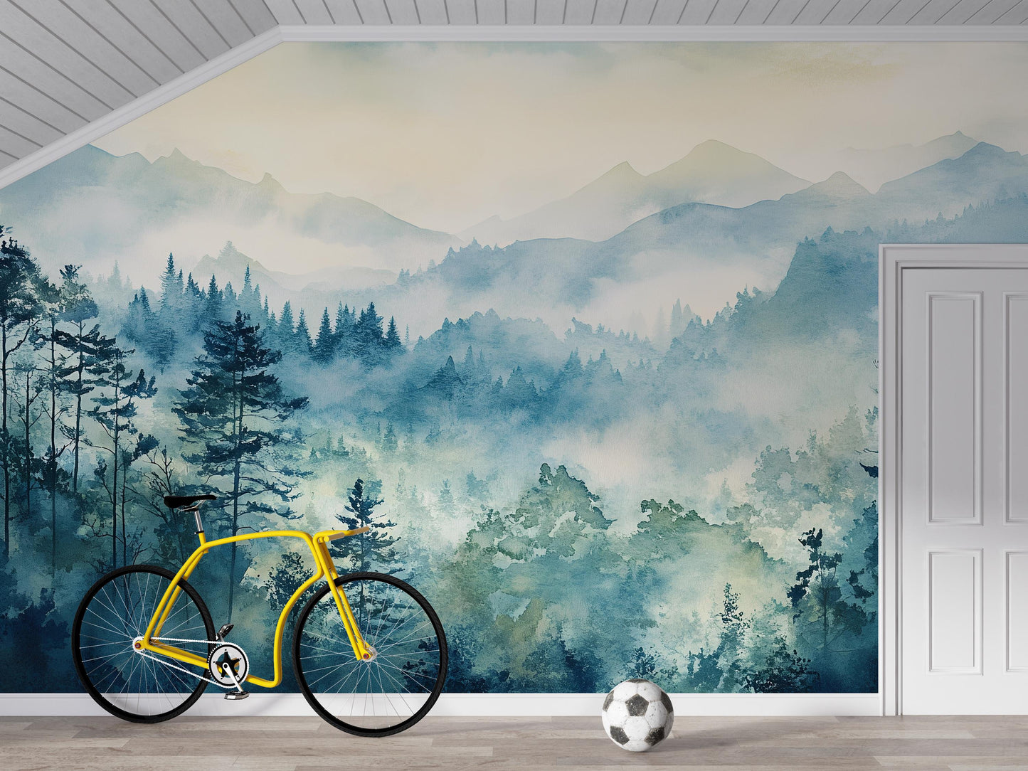 Misty Blue Pine Forest Wallpaper – Watercolor Mountain Wall Mural for Bedroom & Living Room Vn1016