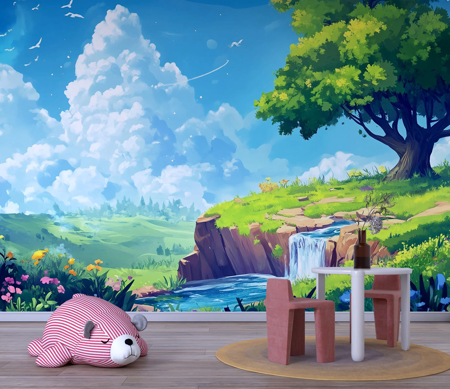 Whimsical Nature Nursery Wall Mural – Forest Tree Landscape Wallpaper – Baby Room Wall Decor – Crib Backdrop Vn704