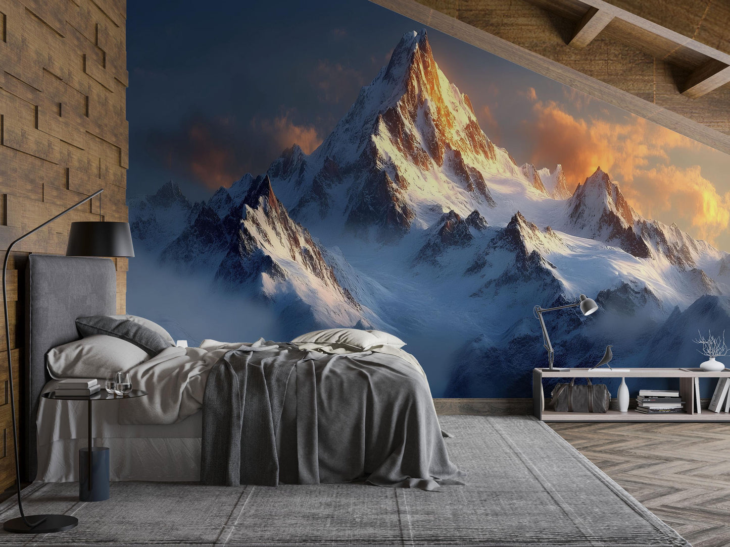 Mountain Wall Mural – Snowy Peak Sunset Landscape for Bedroom Decor Vn702