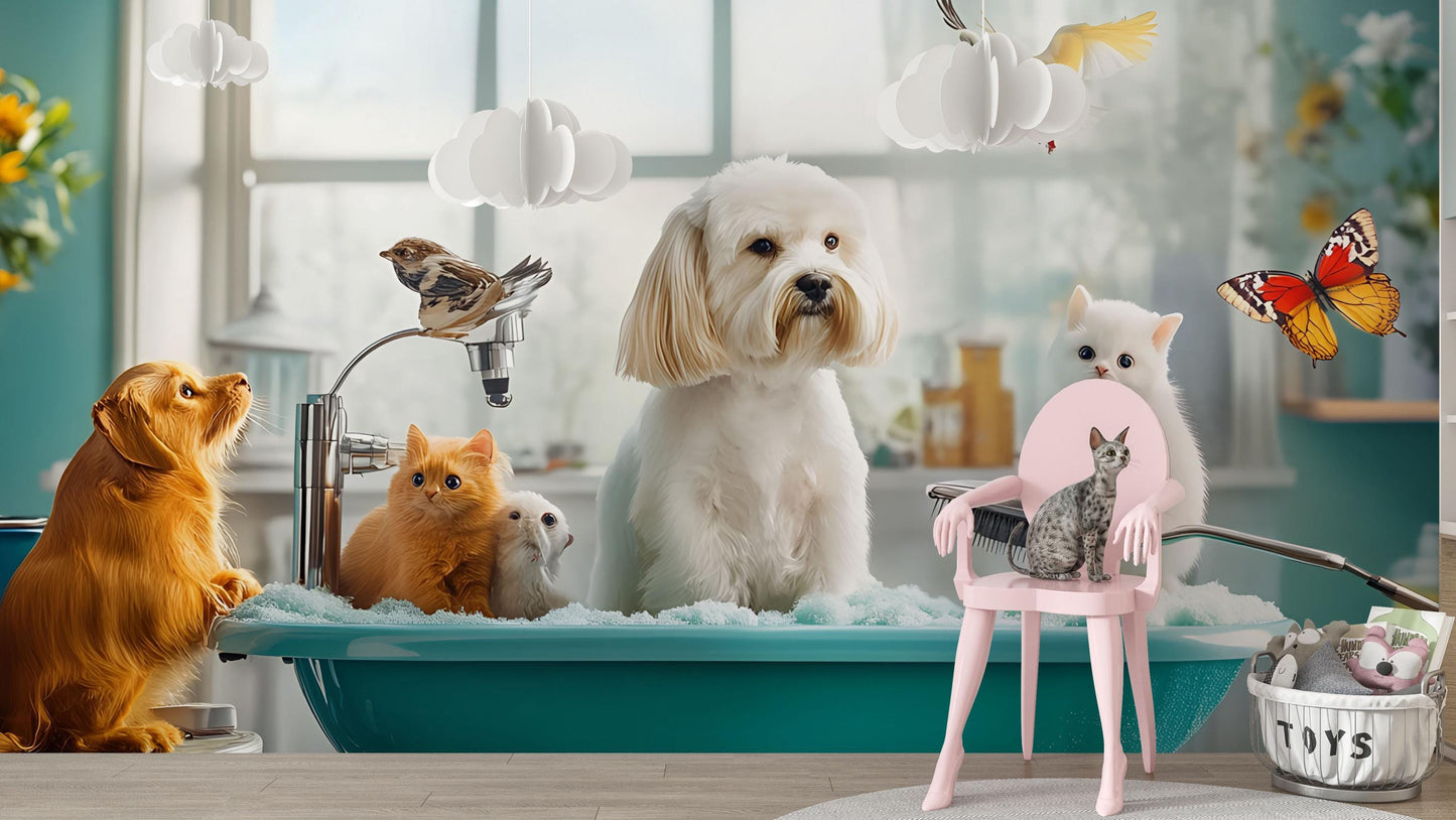 Whimsical Animal Bathtime Wall Mural – Cute Pets in Tub Scene Vn674