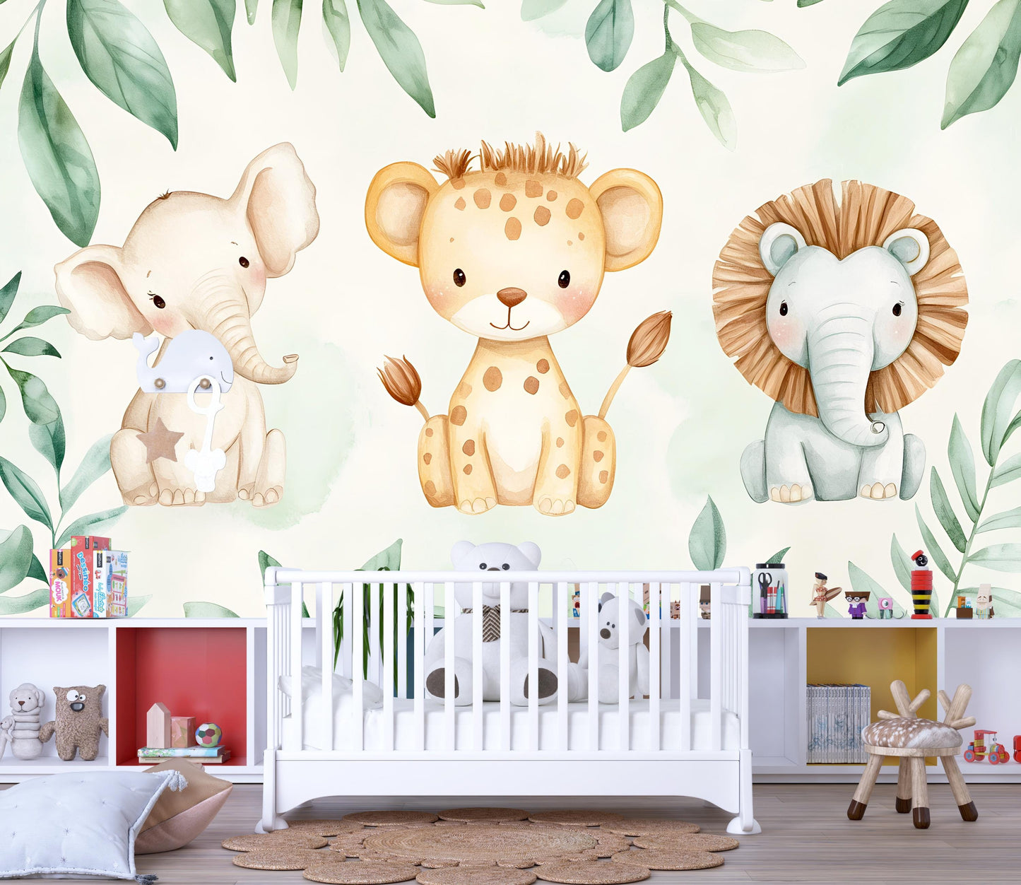 Safari Animal Wall Mural – Cute Lion Elephant Leopard Nursery Wallpaper Vn991