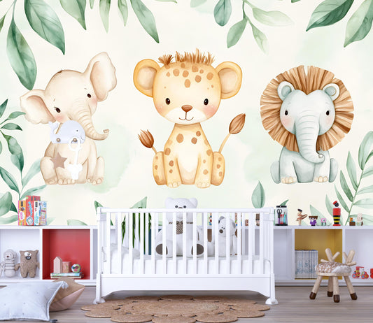 Safari Animal Wall Mural – Cute Lion Elephant Leopard Nursery Wallpaper Vn991