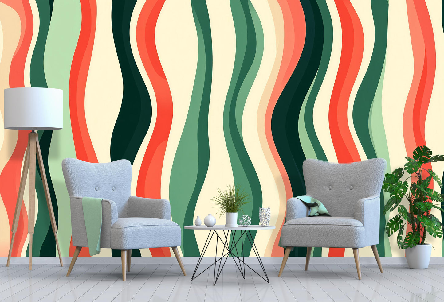 Retro Wave Stripe Wallpaper – Mid Century Modern Abstract Wall Mural Vn1018