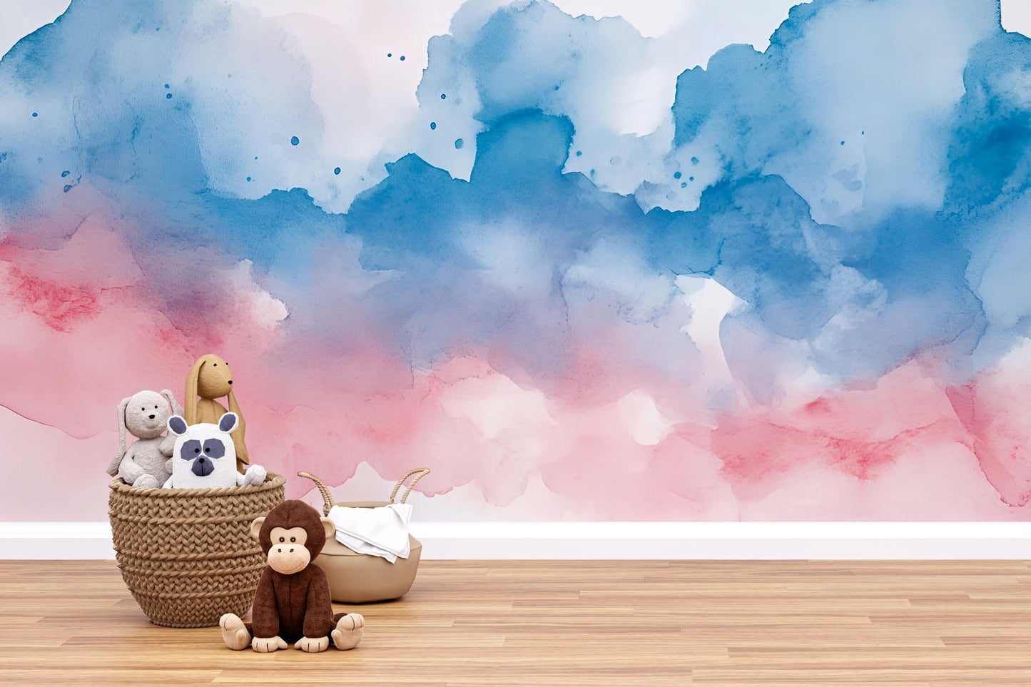 Watercolor Wall Mural for Kids Room – Blue Pink Ombre Nursery Wallpaper – Abstract Cloudy Sky Art Vn557