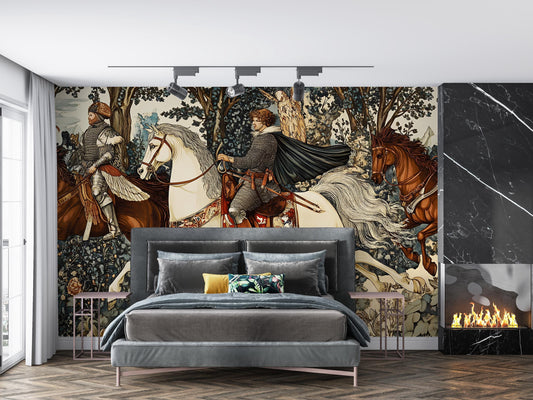 Medieval Knight Wall Mural | Tapestry-Style Art Wallpaper | Historical Horsemen Scene for Bedroom or Living Room Decor Vn187