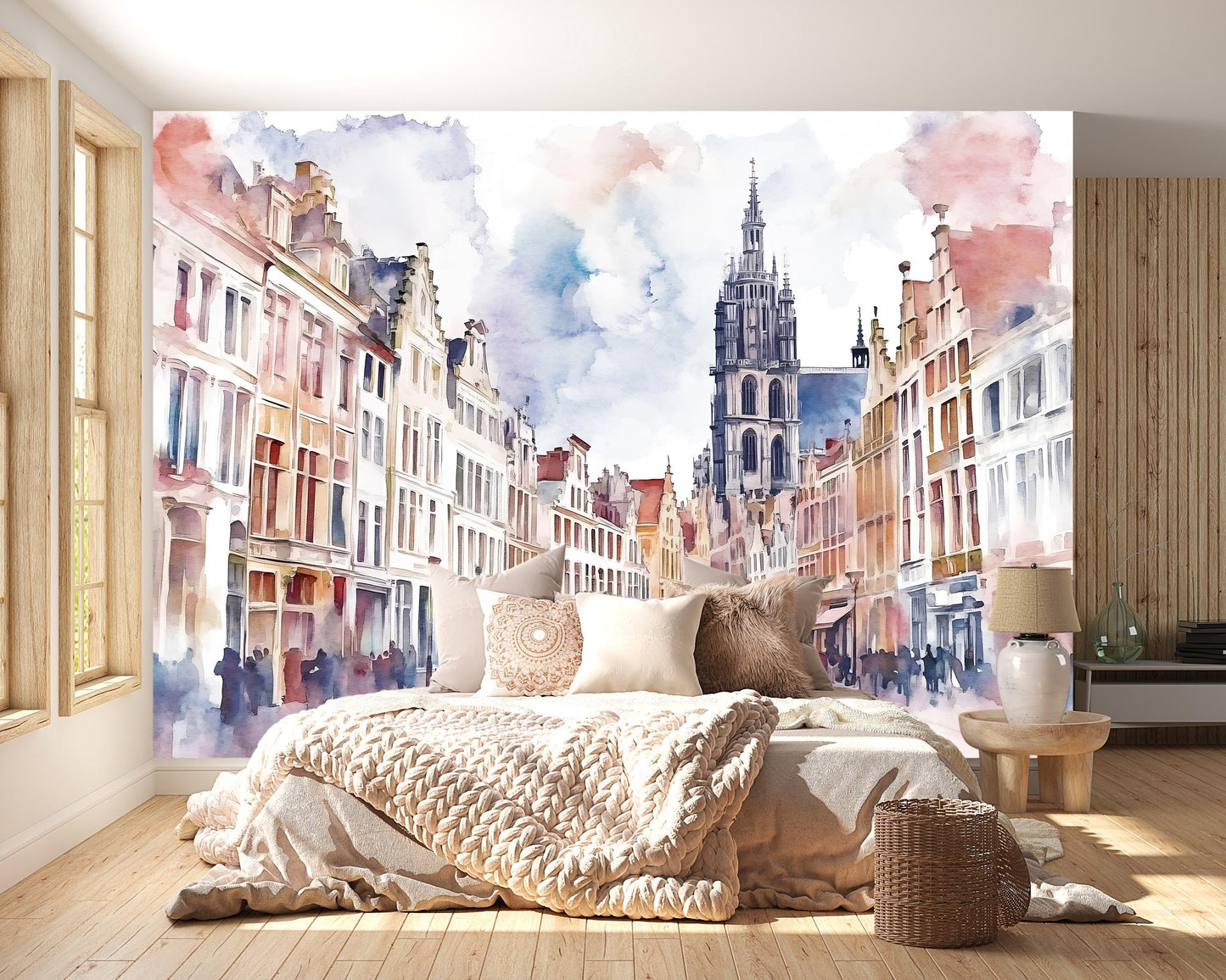 Antwerp Belgium Wall Mural – Cathedral & Historic Street Watercolor Wallpaper Vn940