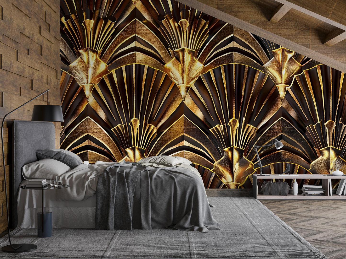 Art Deco Wall Mural – Luxury Gold & Black Geometric Wallpaper, Glam Accent Wall Decor for Bedroom, Living Room or Lounge Vn1083