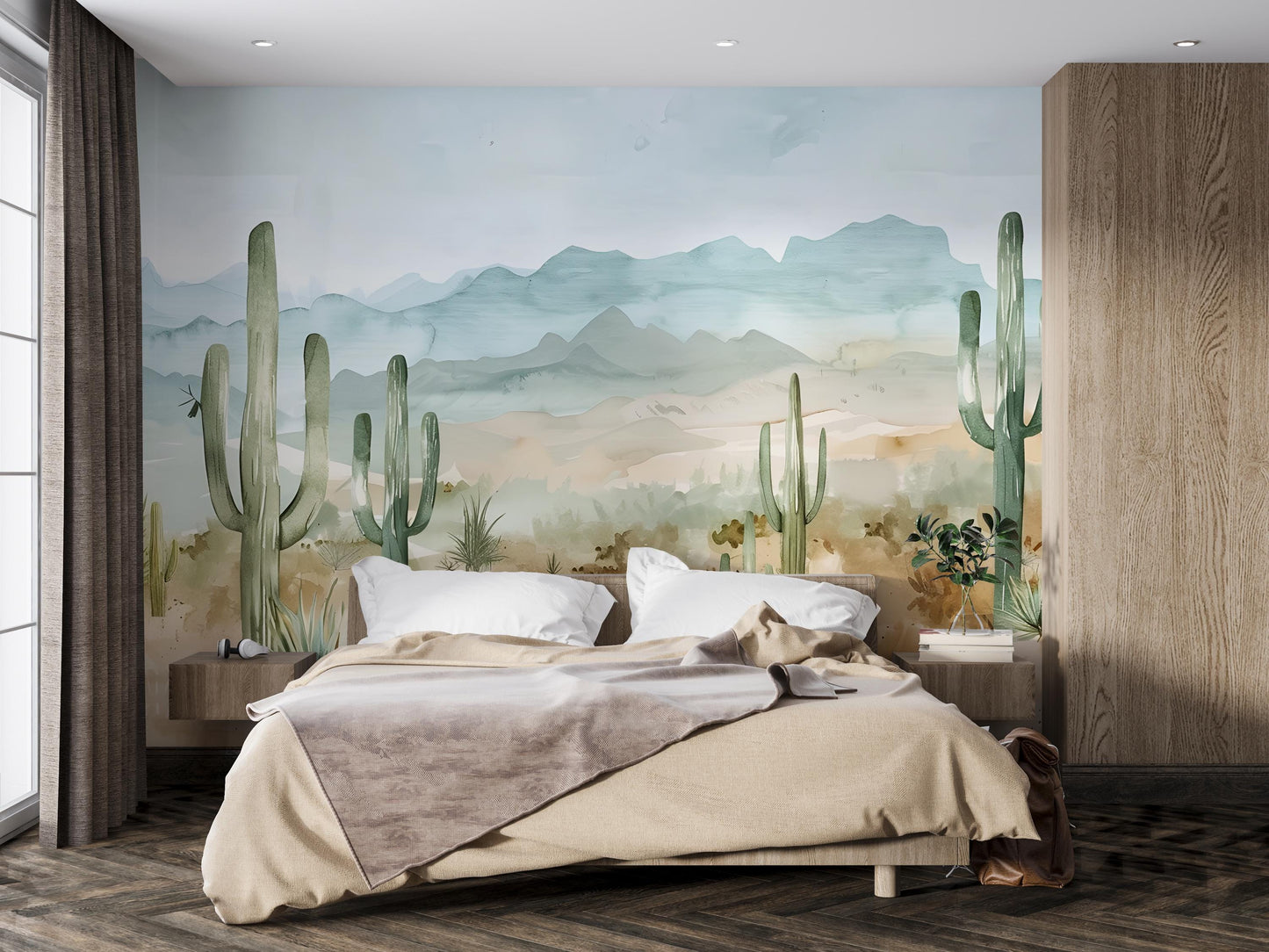 Desert Cactus Wall Mural – Southwestern Mountains Boho Wallpaper Vn1006