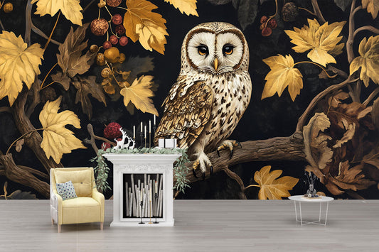 Autumn Owl Wall Mural – Dark Forest Wallpaper, Cozy Nature Room Decor Vn496