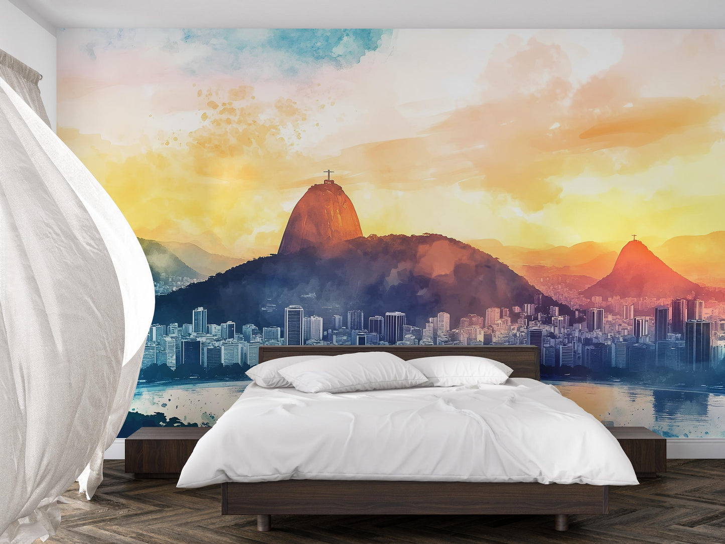 Rio de Janeiro Wall Mural – Brazil Cityscape Watercolor Skyline Wallpaper Vn938