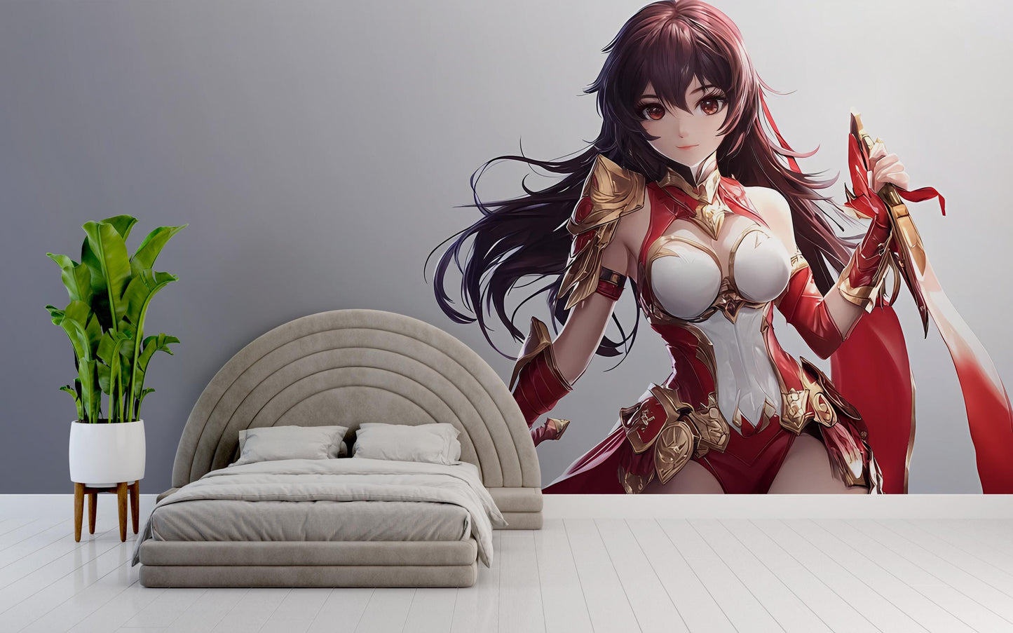 Anime Warrior Girl Wall Mural – Red Armor Fantasy Art for Kids Room, Teen Bedroom Decor, Gamer Wall Poster Vn361