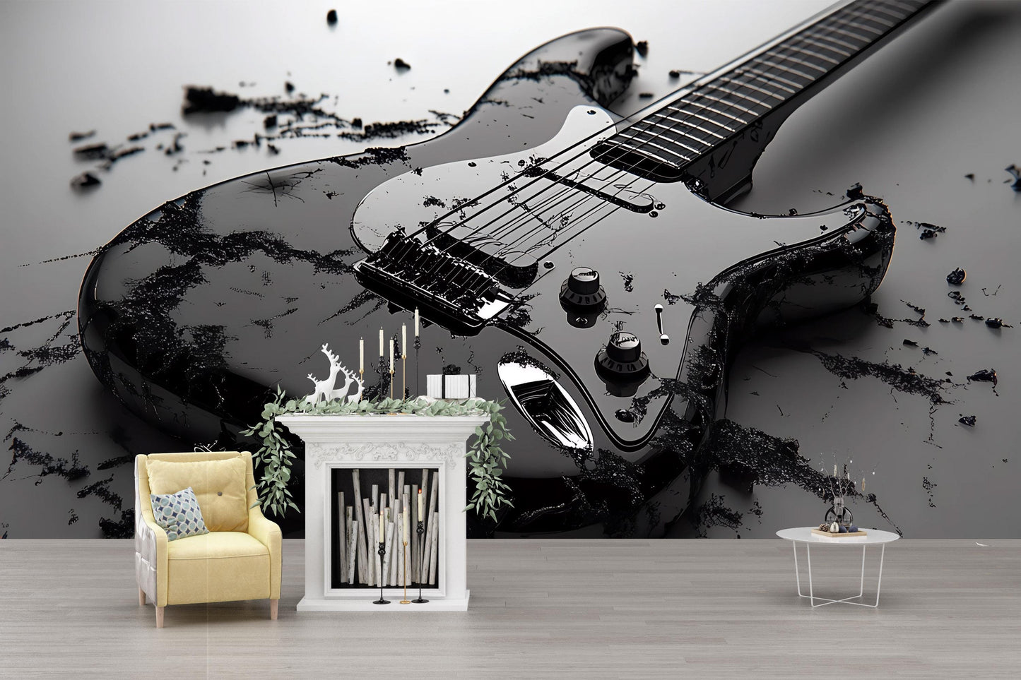 Rock Guitar Wall Mural for Kids Room – Bold Black Electric Guitar Decor Vn530