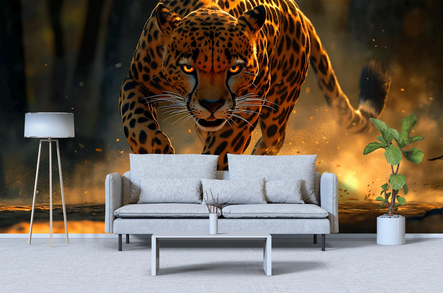 Fierce Leopard Jungle Wall Mural – Large Wild Cat Art for Living Room – Jungle Predator Wallpaper for Home Decor Vn541