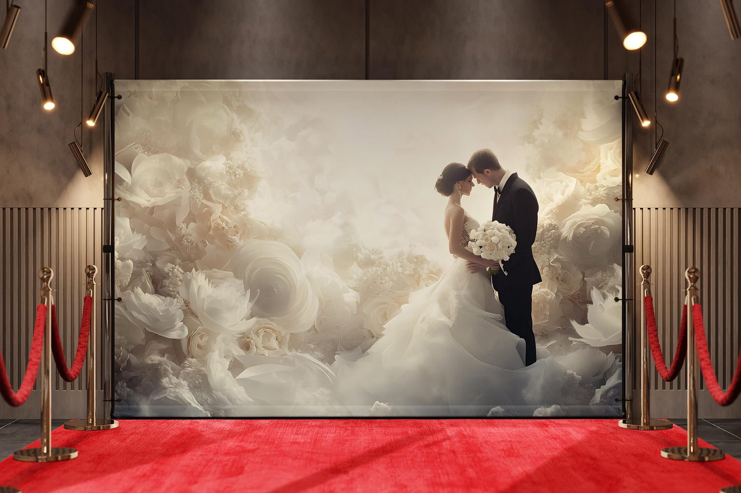 Romantic Wedding Couple Wall Mural – Elegant Floral Bridal Backdrop, Arch Door Nature Design, Custom Wallpaper Art Vn506