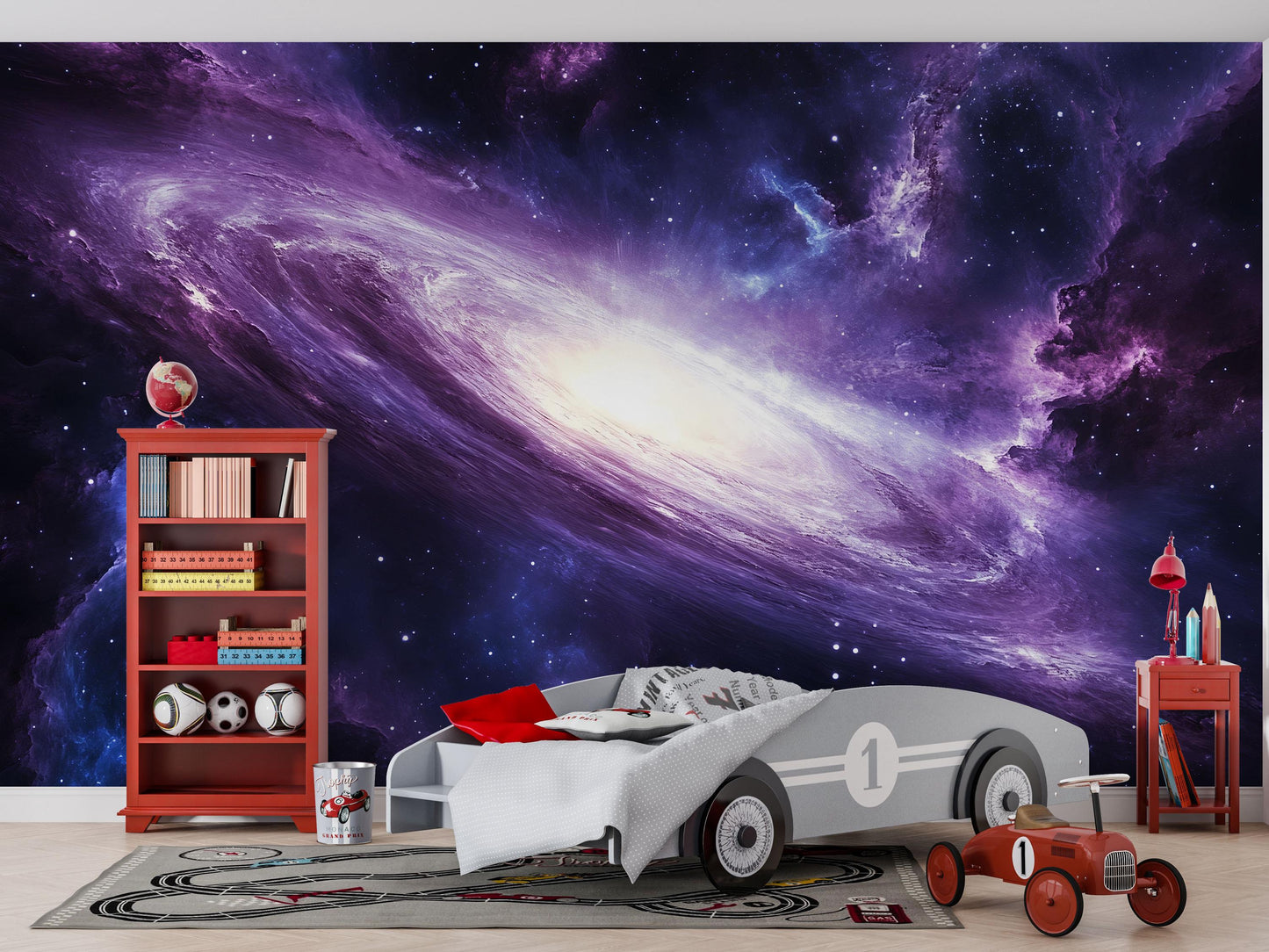 Galaxy Wall Mural – Purple Space Nebula Wallpaper, Cosmic Starry Sky Accent Wall for Kids Room or Bedroom Vn862