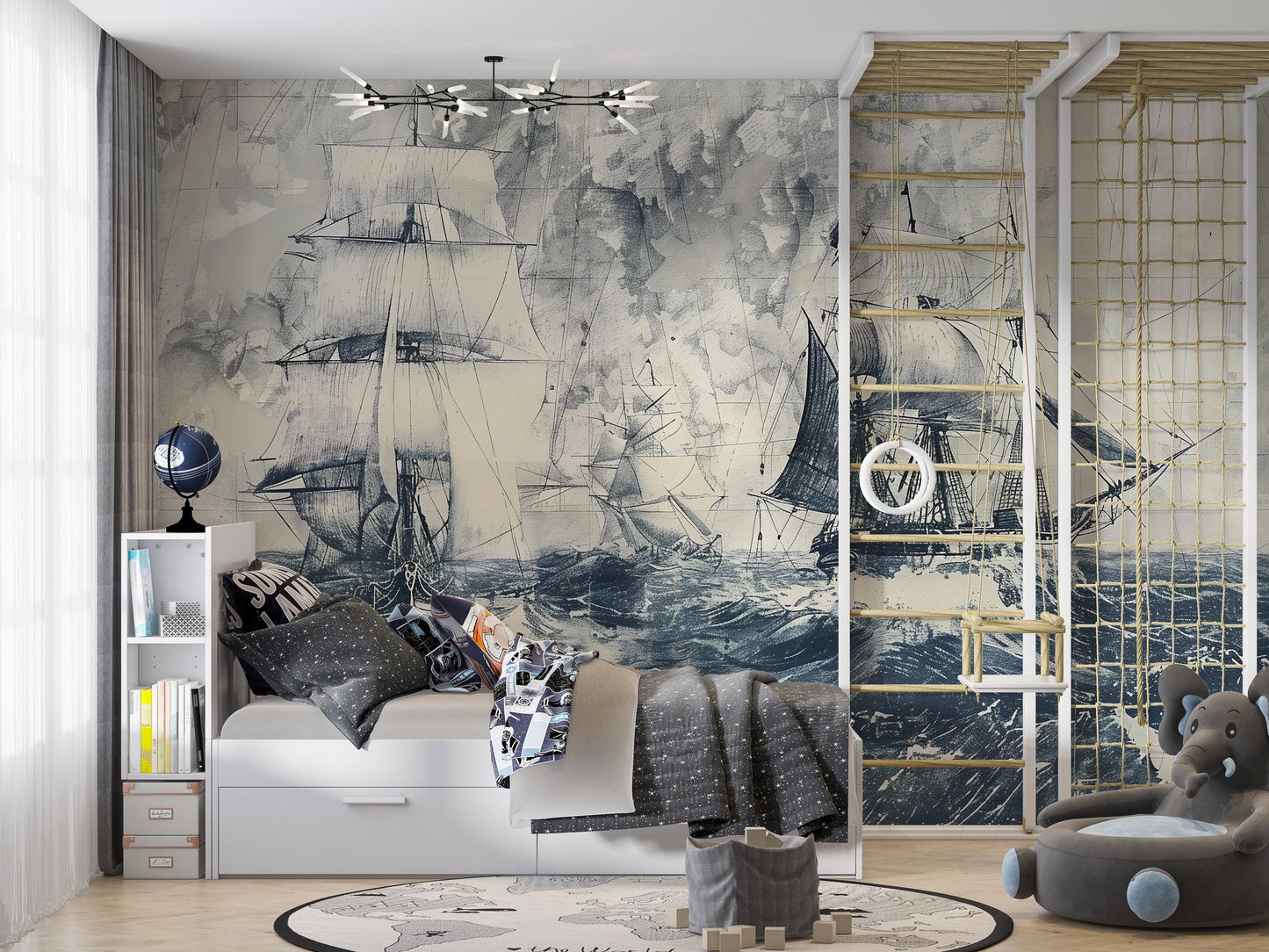 Vintage Ship Wall Mural | Nautical Ocean Waves Wallpaper Vn1044
