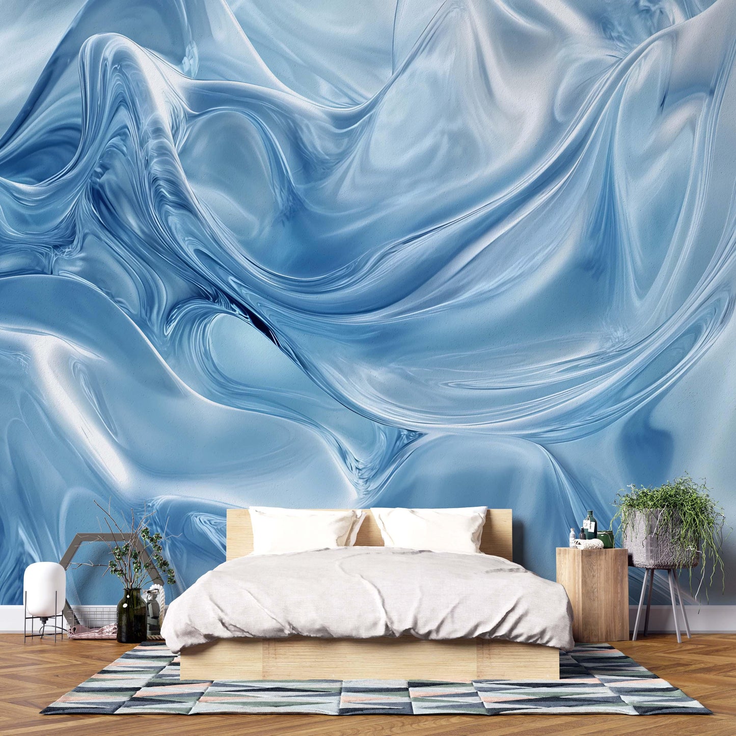 Abstract Blue Swirl Wall Mural, Modern Bedroom Wallpaper, Ocean Wave Effect Art, Luxury Interior Accent Wall Decor Vn752