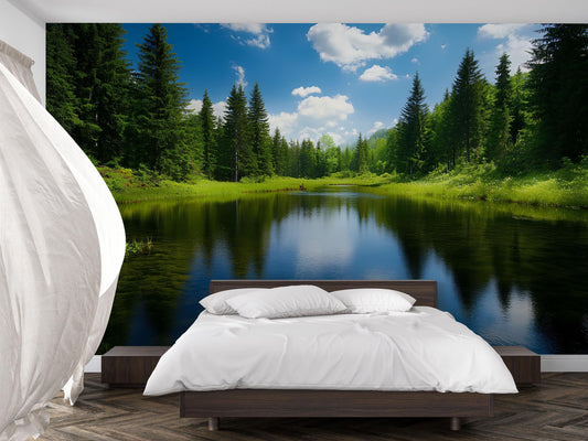 Tranquil Forest Lake Wall Mural – Nature Bedroom Wallpaper, Scenic Lake View Mural for Tranquil Interior Decor Vn685
