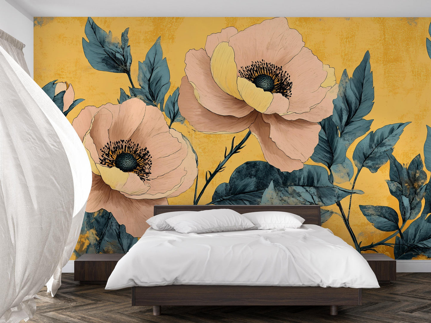 Bold Floral Wall Mural – Oversized Peony Wallpaper Yellow Vn1027