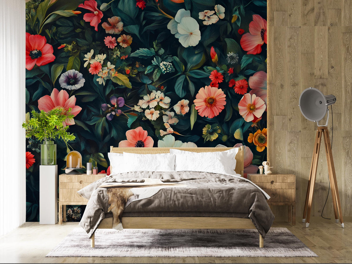 Large Floral Wall Mural for Bedroom – Dark Botanical Wallpaper – Vintage Flower Accent Wall – Peel and Stick or Traditional Vn205