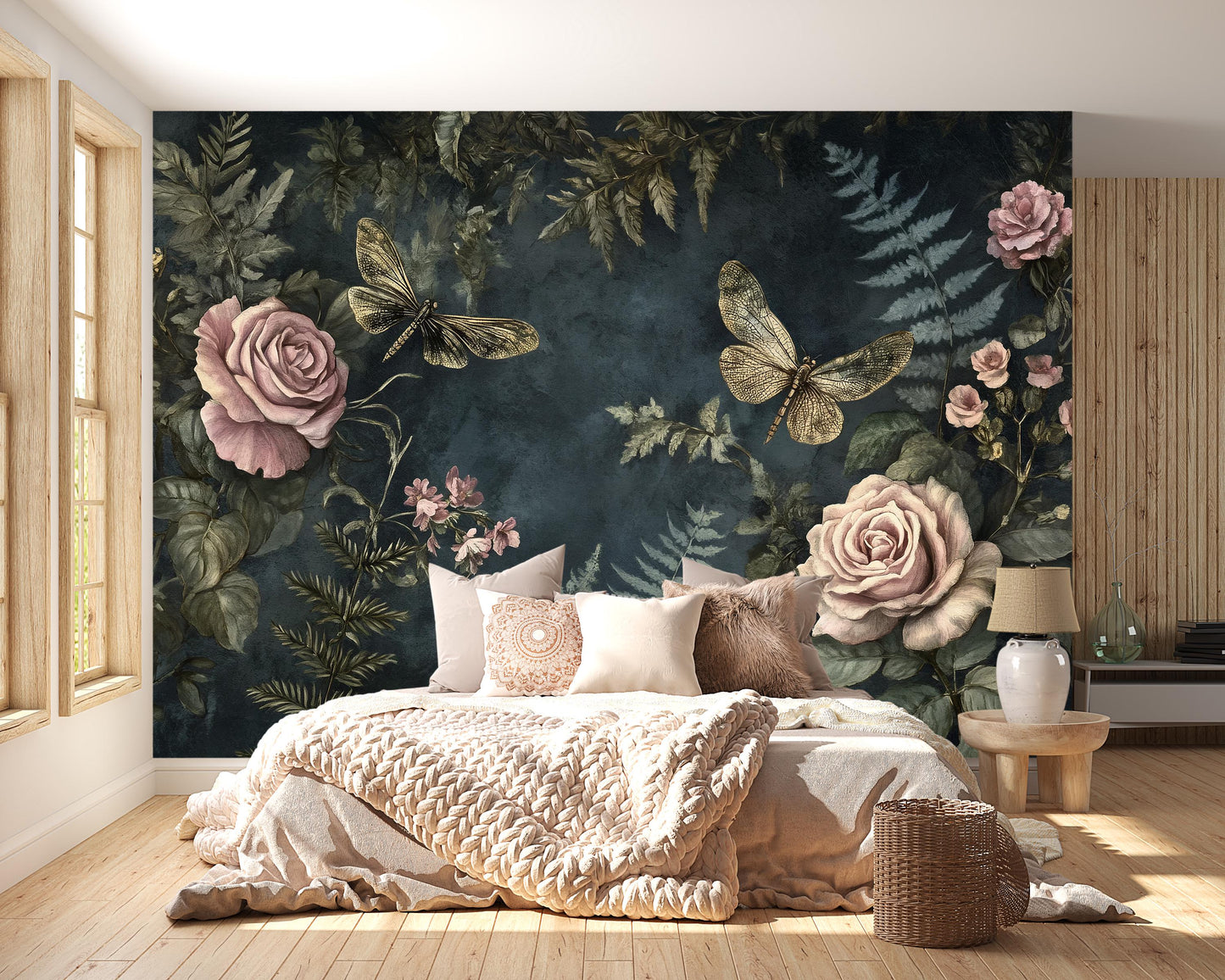 Dark Botanical Wall Art – Vintage Dragonflies & Roses Print Vn955