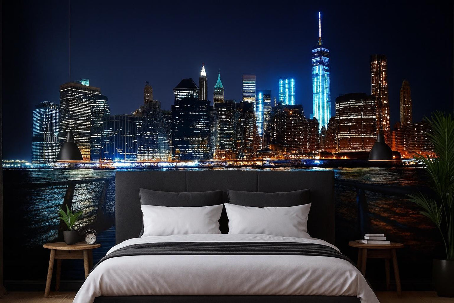 New York Skyline Wall Mural – City Lights Night Pier Wallpaper for Bedroom Vn898