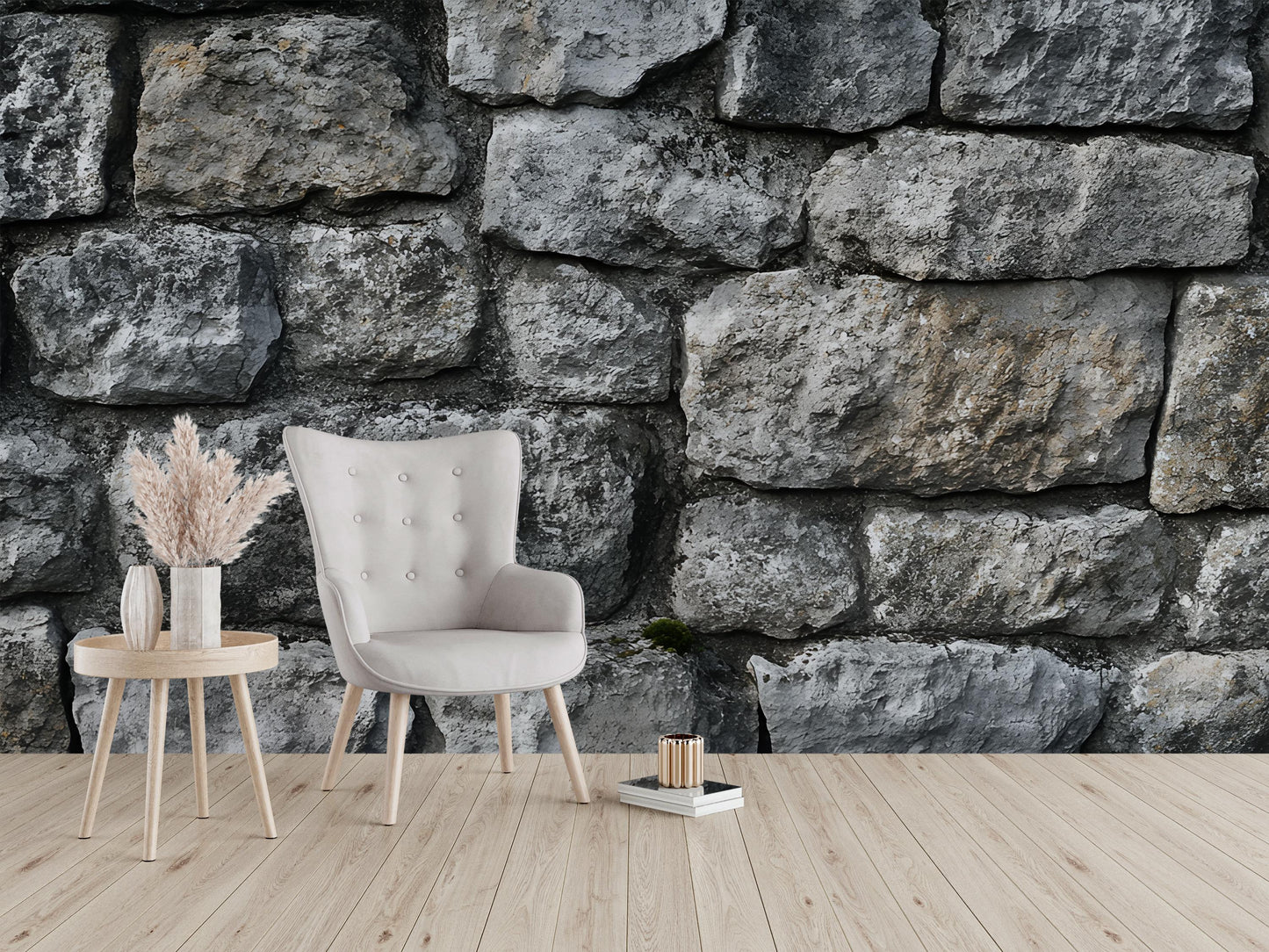 Rustic Stone Wall Mural Wallpaper – Realistic Textured Stone Block Backdrop for Living Room or Office Decor Vn586