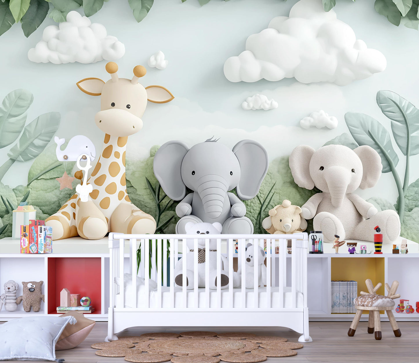 Safari Nursery Wall Art, Jungle Animal Mural Wallpaper, Giraffe Elephant Baby Room Decor, Cute Animal Wall Decal Vn432