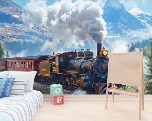 Vintage Steam Train Wall Mural for Kids Room | Mountain Landscape Train Wallpaper | Playroom Decor with Plush Toy & Furniture Vn227