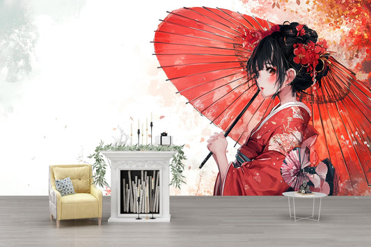 Elegant Japanese Girl Wall Mural - Red Kimono Art, Anime Style Room Decor Vn352