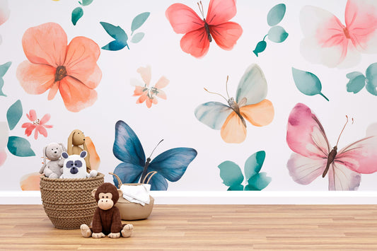 Butterfly Flower Wall Mural for Kids Room – Pastel Boho Wallpaper for Nursery or Playroom Vn630