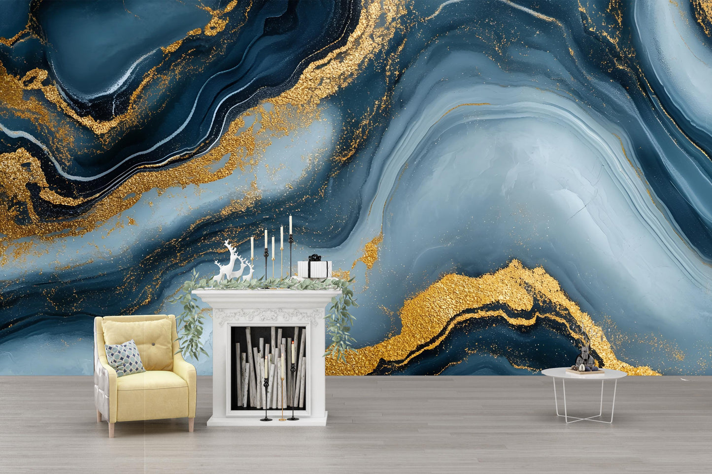 Navy Gold Marble Wall Mural – Luxury Abstract Wallpaper Vn966