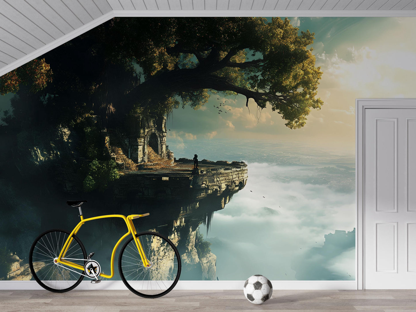 Fantasy Cliff Ruins Wall Mural – Enchanted Tree Landscape Wallpaper, Adventure Kids Room Decor Vn868