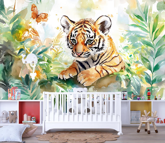 Tiger Cub Jungle Mural – Watercolor Safari Wall Art for Kids Room Vn337