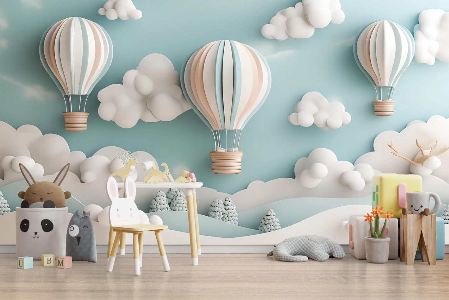 Whimsical Hot Air Balloon Wall Mural for Kids Room – Cloud & Sky Nursery Wallpaper – Dreamy Pastel Art Décor Vn259