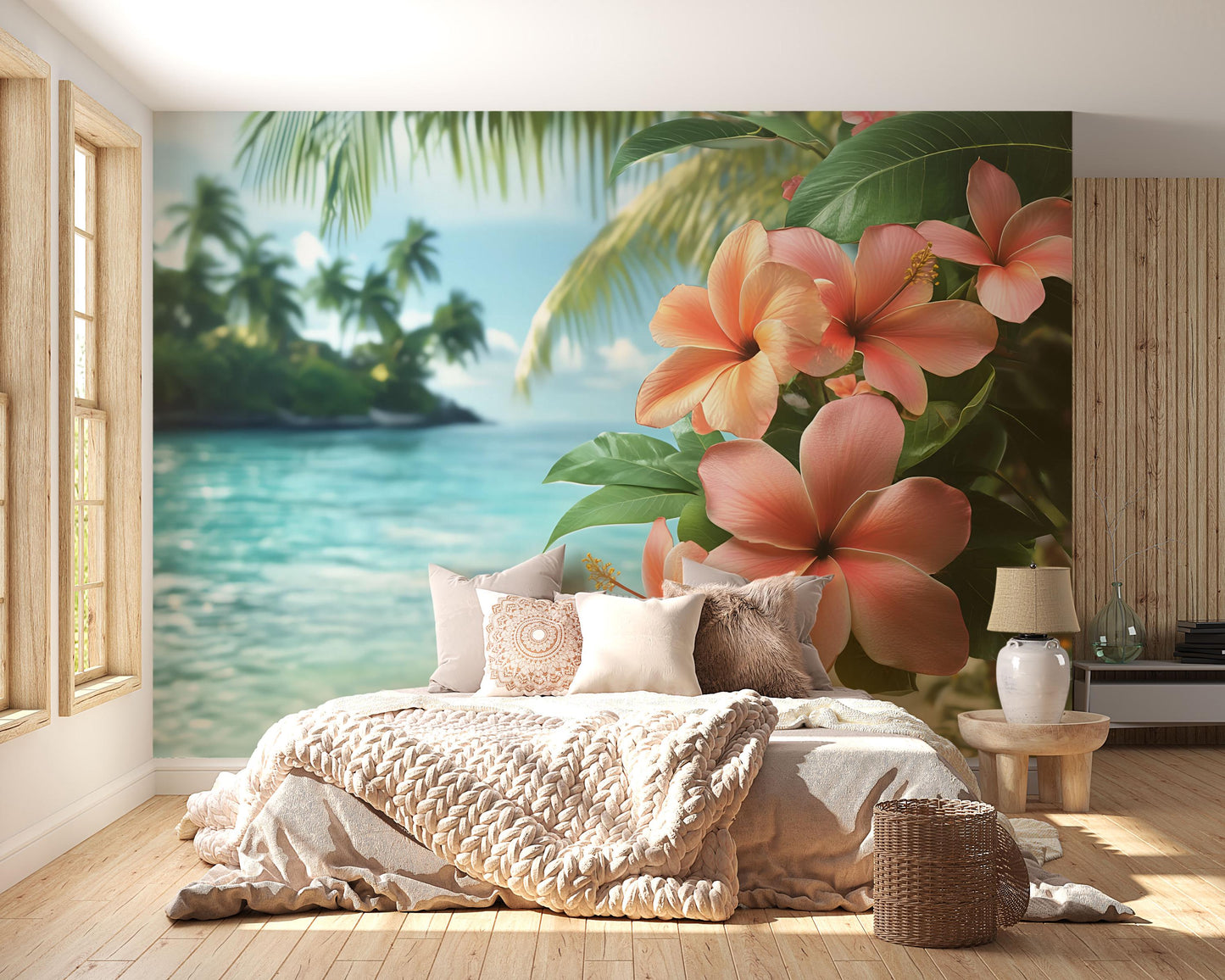 Tropical Beach Hibiscus Flower Wall Mural – Exotic Ocean Paradise Bedroom Wallpaper Vn647