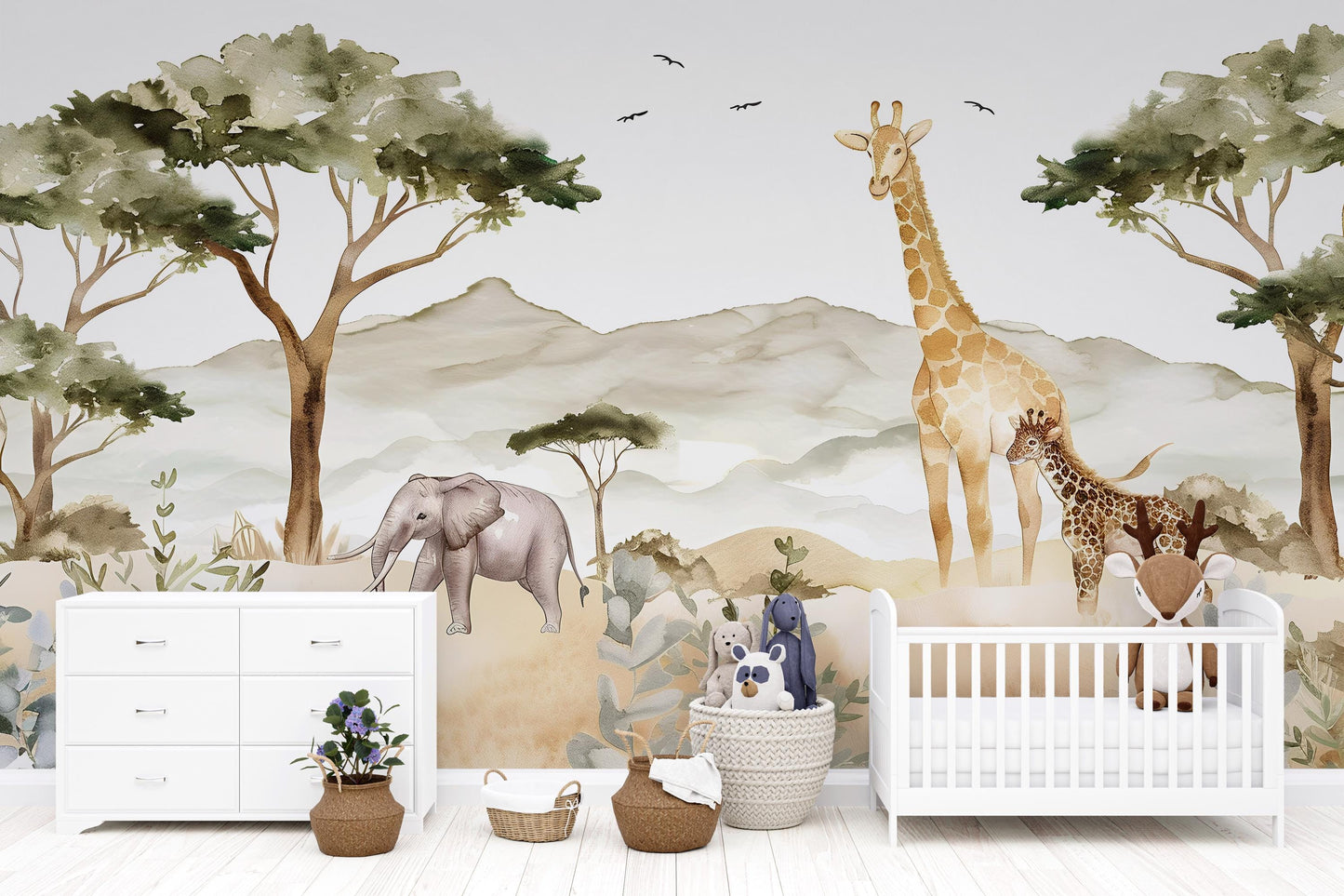 Safari Animals Wall Mural | Jungle Nursery Wallpaper with Giraffe & Elephant Vn1036