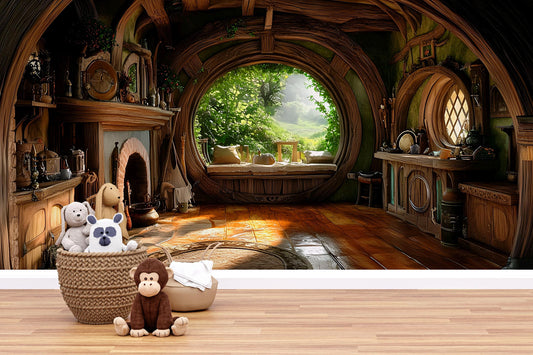 Hobbit Hole Wall Mural for Kids Room | Fantasy Nursery Decor | Cozy Woodland Playroom Backdrop | Tolkien-Inspired Art Print Vn603