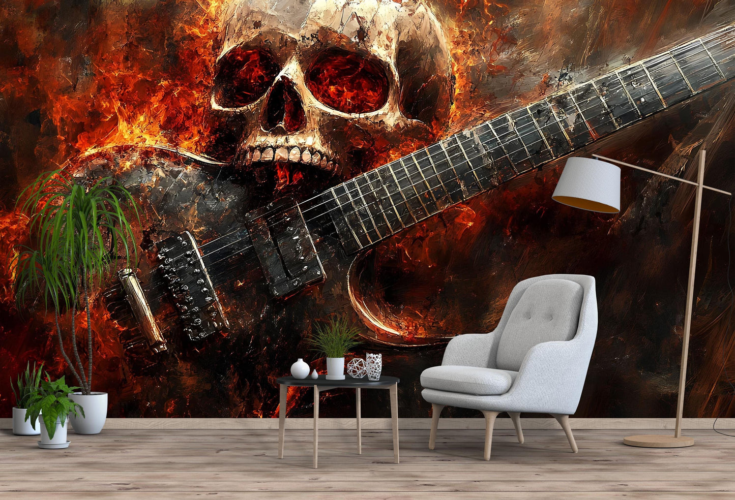 Skull & Guitar Fire Wall Mural – Heavy Metal Rock Bedroom Art Decor Vn719