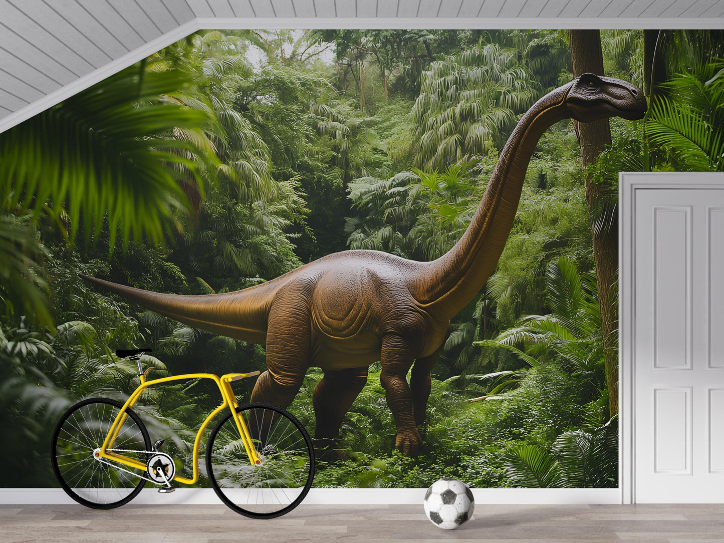 Dinosaur Jungle Wall Mural for Kids Room | Giant Brachiosaurus Wallpaper | Boys Bedroom Decor with Car Bed | Adventure Theme Wall Art Vn409
