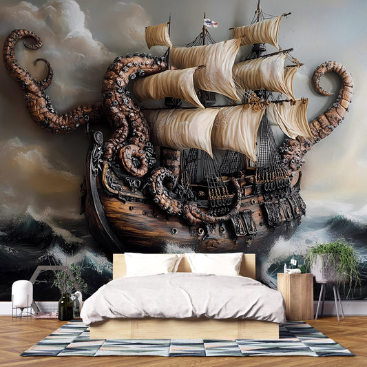 Kraken Ship Wall Mural | Nautical Pirate Bedroom Decor | Giant Octopus Sea Battle Art Print Vn073