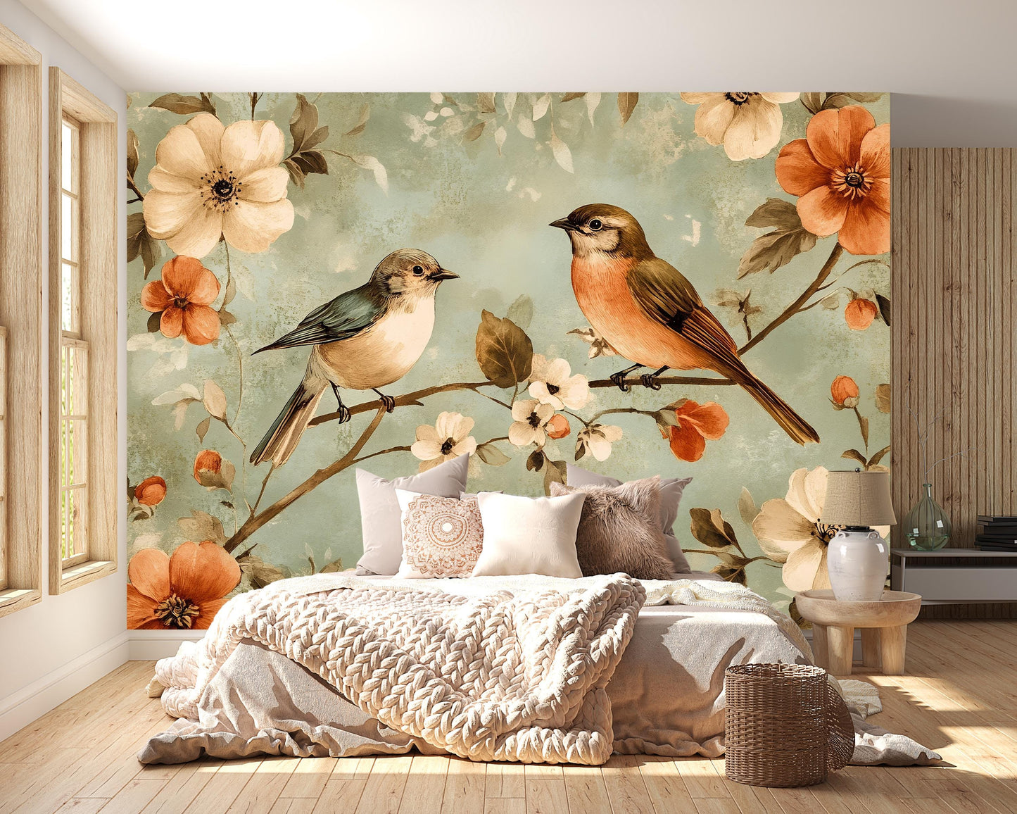 Vintage Birds Mural – Floral Botanical Wallpaper Wall Art Vn1002