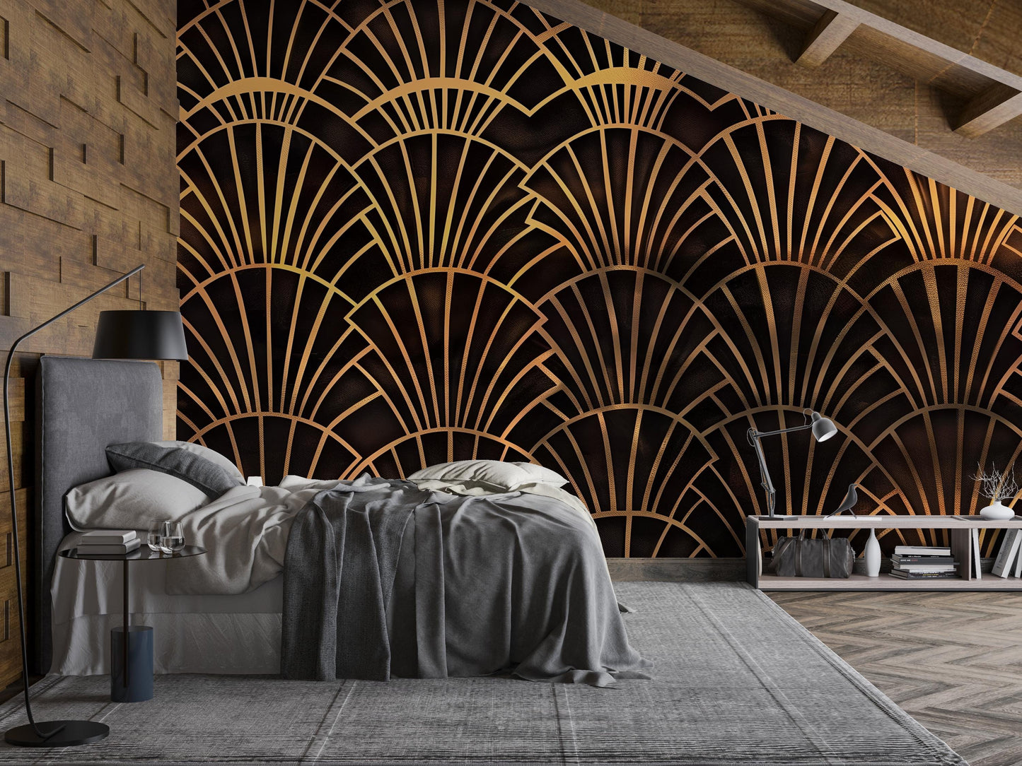 Art Deco Wall Mural – Luxury Gold Fan Pattern Wallpaper for Living Room, Bedroom, Office or Bar Decor Vn1086