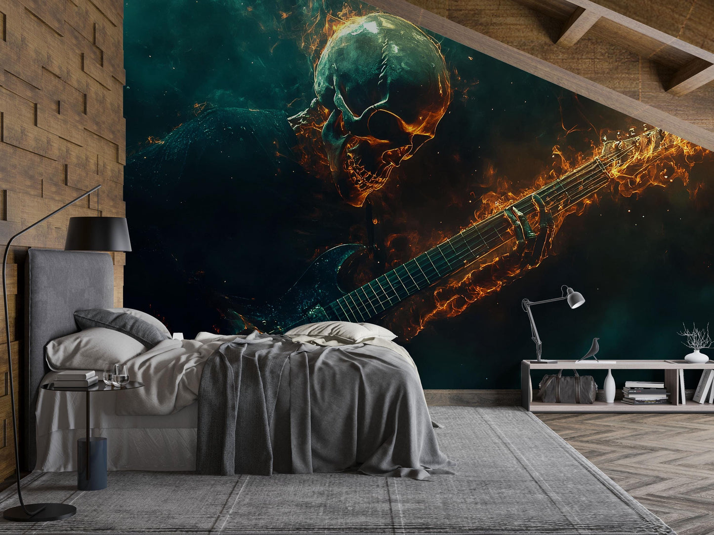 Flaming Skeleton Guitar Wall Mural – Heavy Metal Bedroom Art Decor Vn715