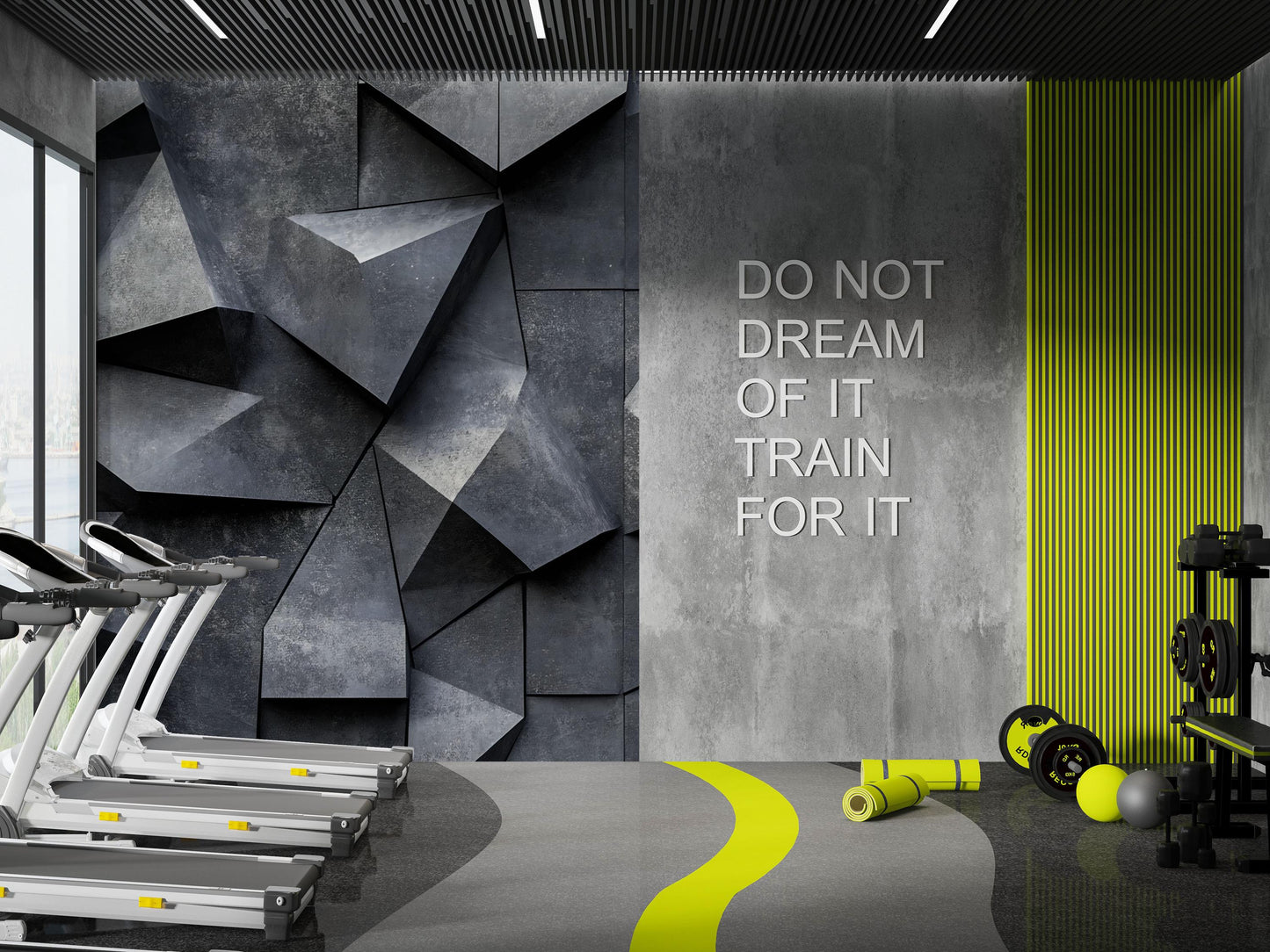 Modern Industrial Gym Wall Art | Geometric & Wood Fitness Studio Print Vn740